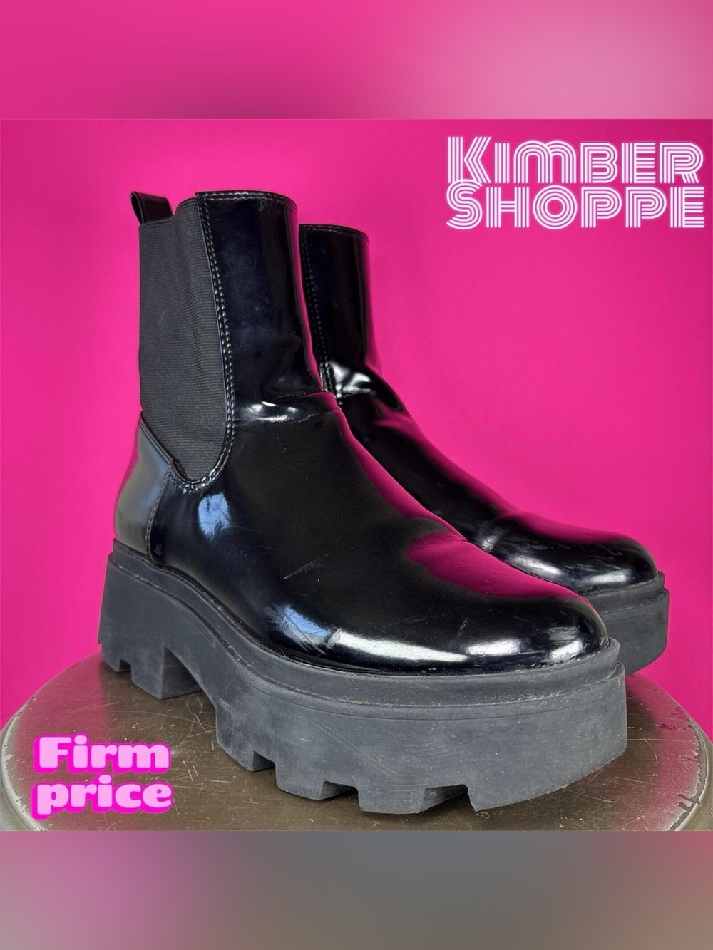 Open Edit Iris Black Patent Chunky Lug Sole Platform Chelsea Boot US 9